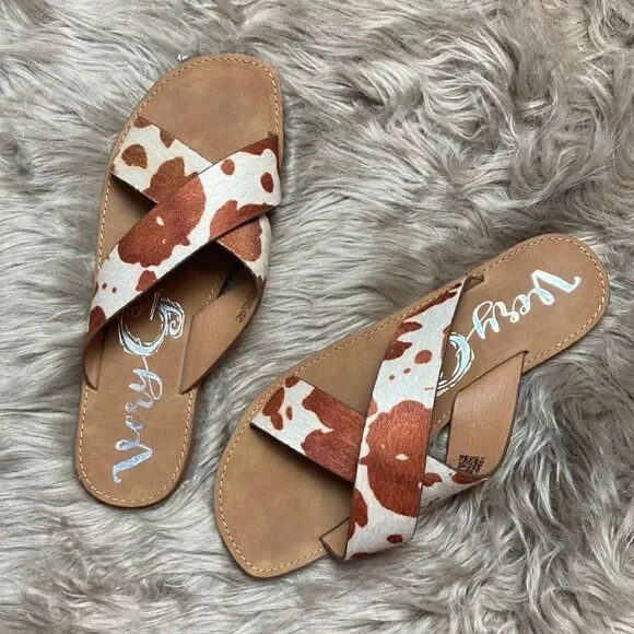 Very G Annie Seaside Cow Print Double Cross Strap Vegan Animal Fur Sandal Slides - Picture 2 of 9